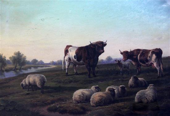 Charles Jones (1836-1892) Cattle and sheep in a river landscape 20 x 30in.
